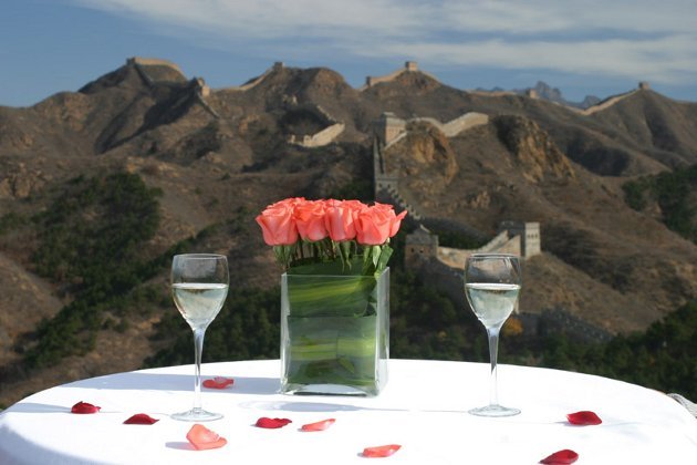 Image of Great Wall of China with Table and Flower